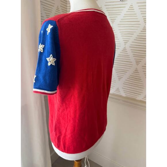 Emma Tricot Medium Patriotic American Flag Sequin Beaded Short Sleeve Shirt - Picture 4 of 8